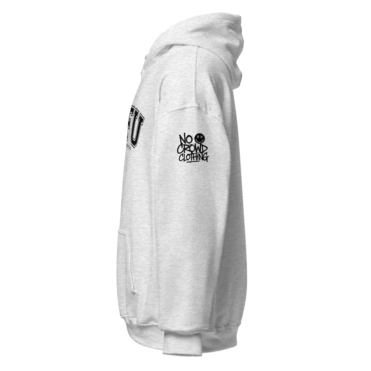 STFU introvert hoodie by No Crowd Clothing with bold varsity lettering and Social Time Finally Up slogan...sleeve