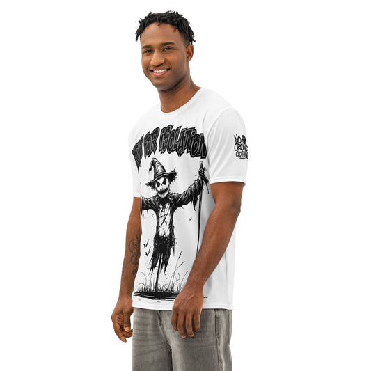 Built for Isolation black and white scarecrow graphic tee by No Crowd Clothing for introverts, loners, and social anxiety streetwear fans...model front