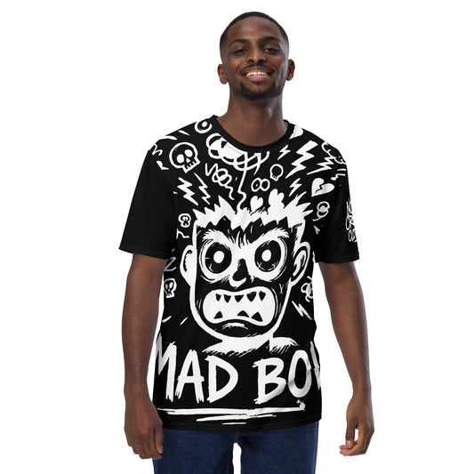 MAD BOI graphic t-shirt featuring an angry boy illustration with a mental health awareness message..front model