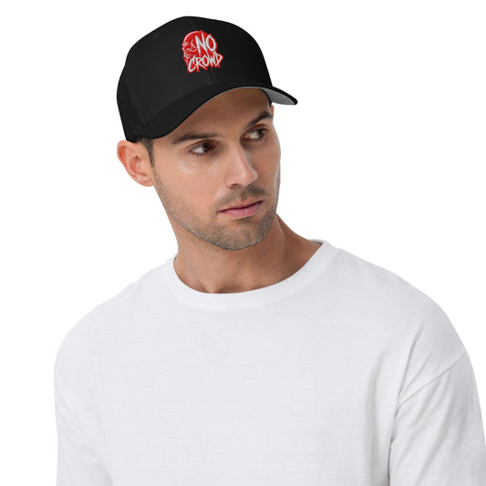 Black flex-fit hat with a bold red skull design and graffiti-style 'No Crowd' text, ideal for streetwear enthusiasts who value individuality and edgy fashion..man