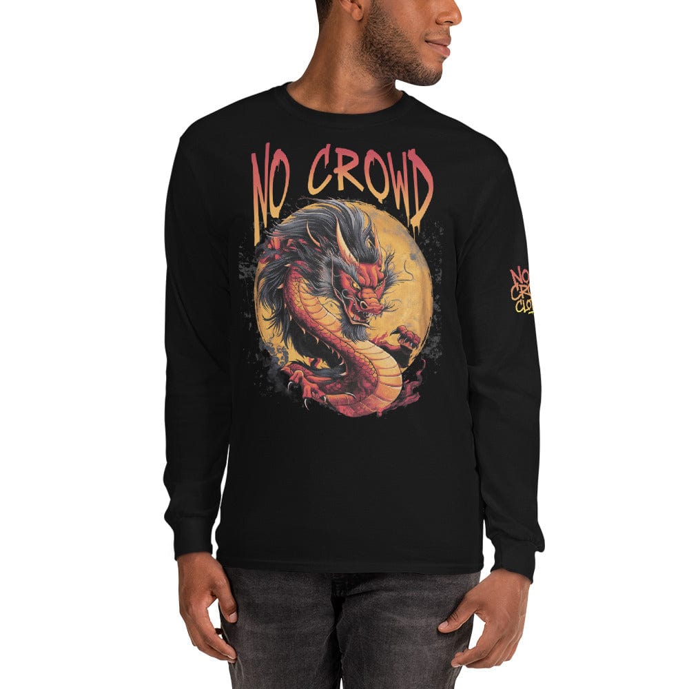 Close-up of Fury Design dragon artwork in bold red and gold on black streetwear t-shirt....front model