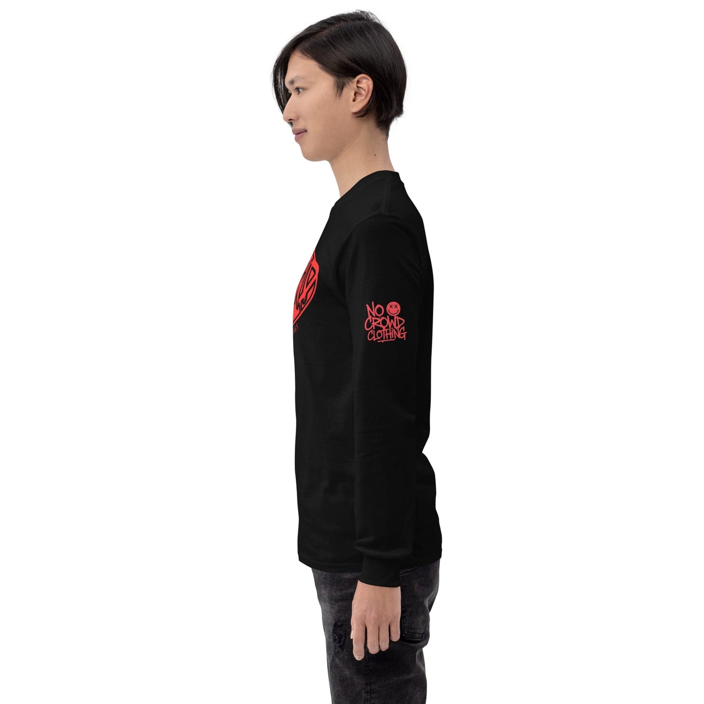 Black No Crowd Clothing shirt with bold red graffiti-style logo and slogan ‘Fear the Quiet Ones’ printed on the chest..sleeve