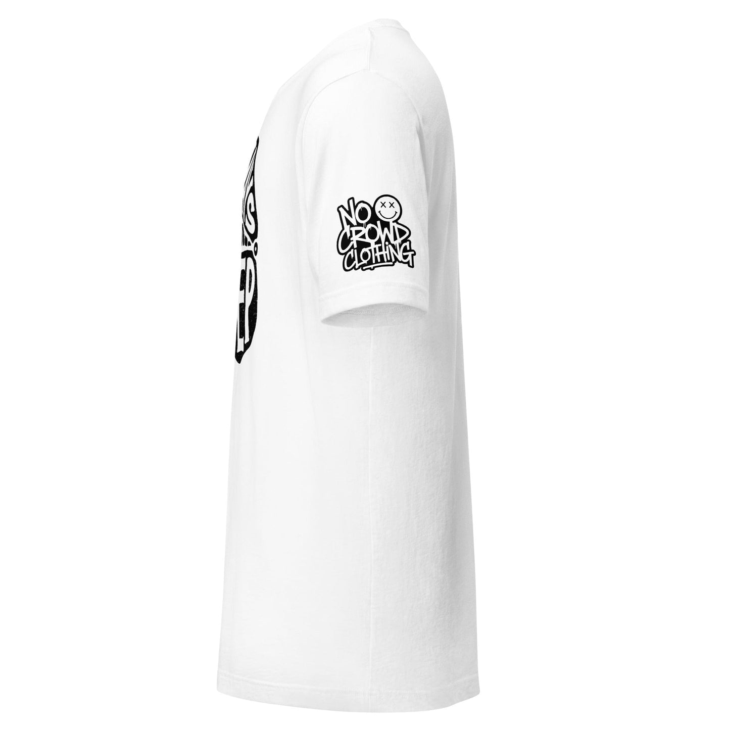 No Crowd Clothing's 'Always Keep It Open' t-shirt offers cozy comfort and a humorous take on social anxiety, designed for those who value personal space. Soft cotton fabric with a minimalist, playful design....arm.