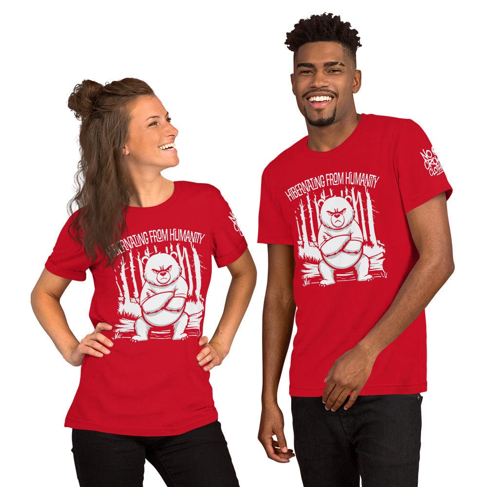 when you need space. This playful design offers a humorous way to express social anxiety and your desire to 'hibernate' from the world...red couple.