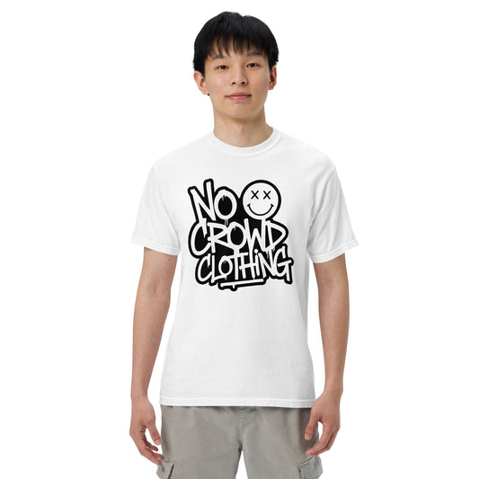 No Crowd Clothing’s white logo t-shirt combines comfort, style, and humor. It promotes self-care and confidence, helping ease social anxiety by turning awkward moments into lighthearted, wearable expressions..front model
