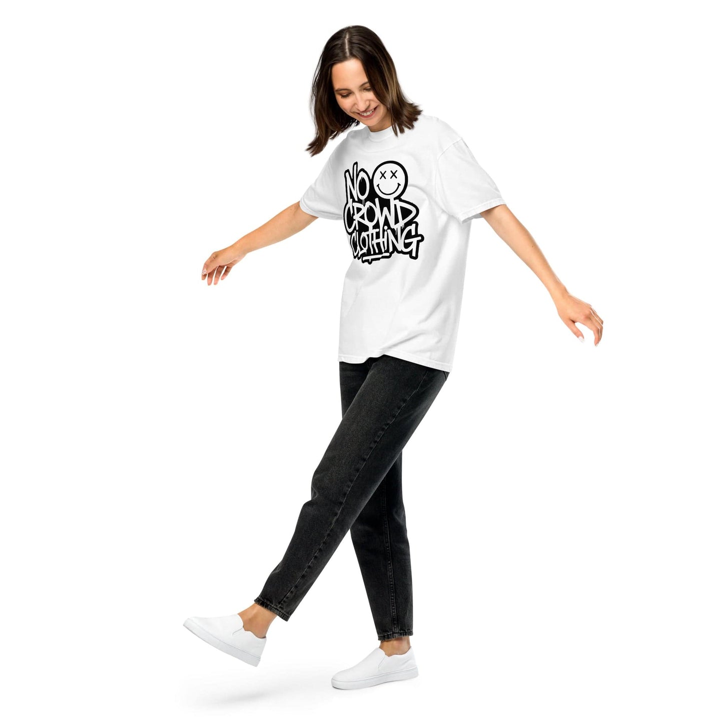 No Crowd Clothing’s white logo t-shirt combines comfort, style, and humor. It promotes self-care and confidence, helping ease social anxiety by turning awkward moments into lighthearted, wearable expressions...model side