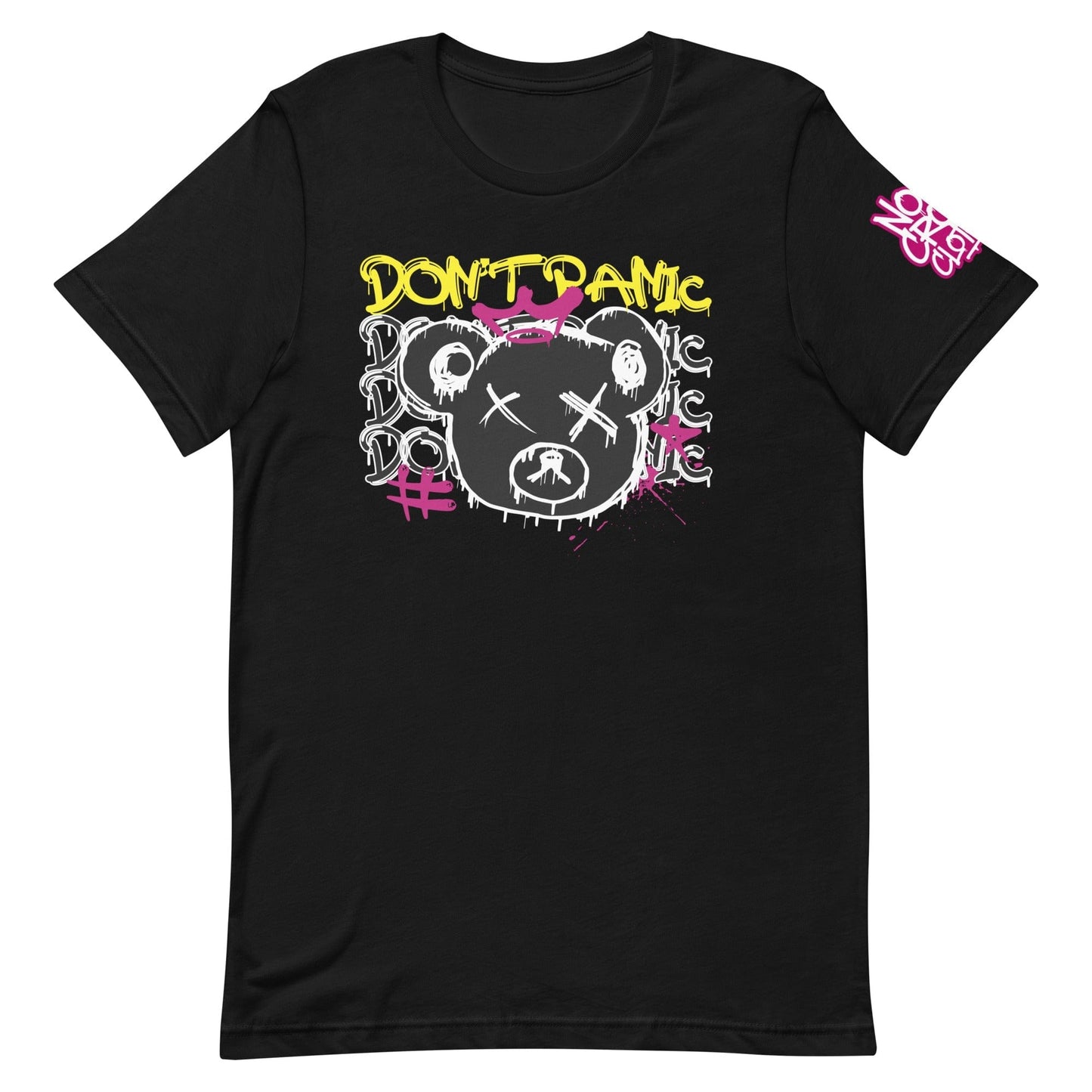 Comfortable 'Don't Panic' t-shirt with a playful design and calming message. Perfect for easing social anxiety, it encourages you to smile, breathe, and face the day with confidence, knowing everything will be okay....front.