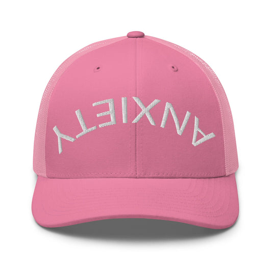 No Crowd Clothing's 'Upside Down Anxiety' hat features the word 'ANXIETY' upside down, symbolizing the chaos of anxiety. A reminder that with humor and strength, you can flip those overwhelming feelings right side up..pink