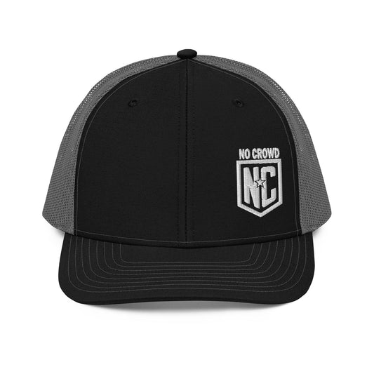 No Crowd "NC Badge" Hat featuring bold NC logo with star in a black and white shield design...blk/grey front