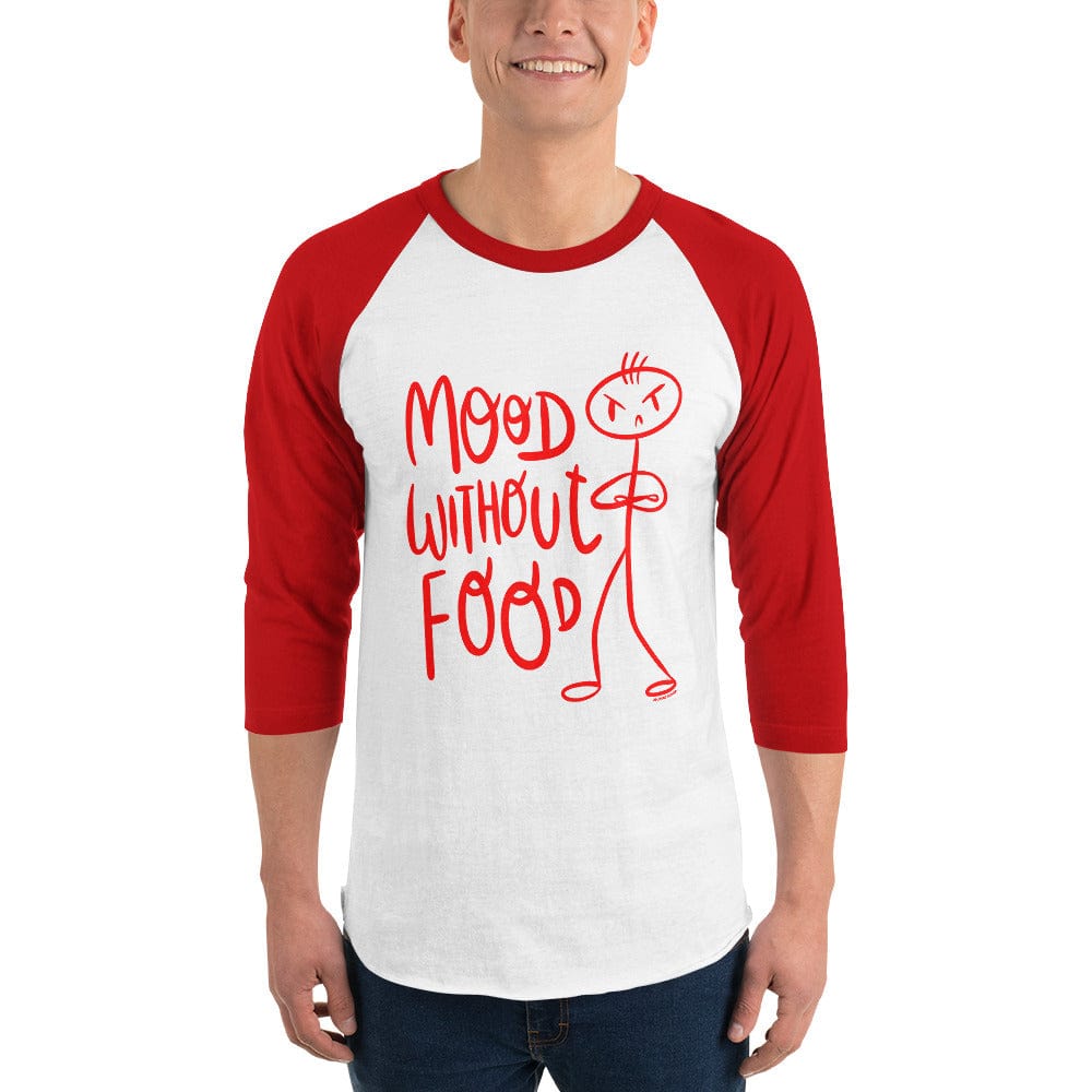 Red stick figure with angry expression next to bold red text reading 'Mood Without Food' on a black background, humorous design for anxiety relief..boy