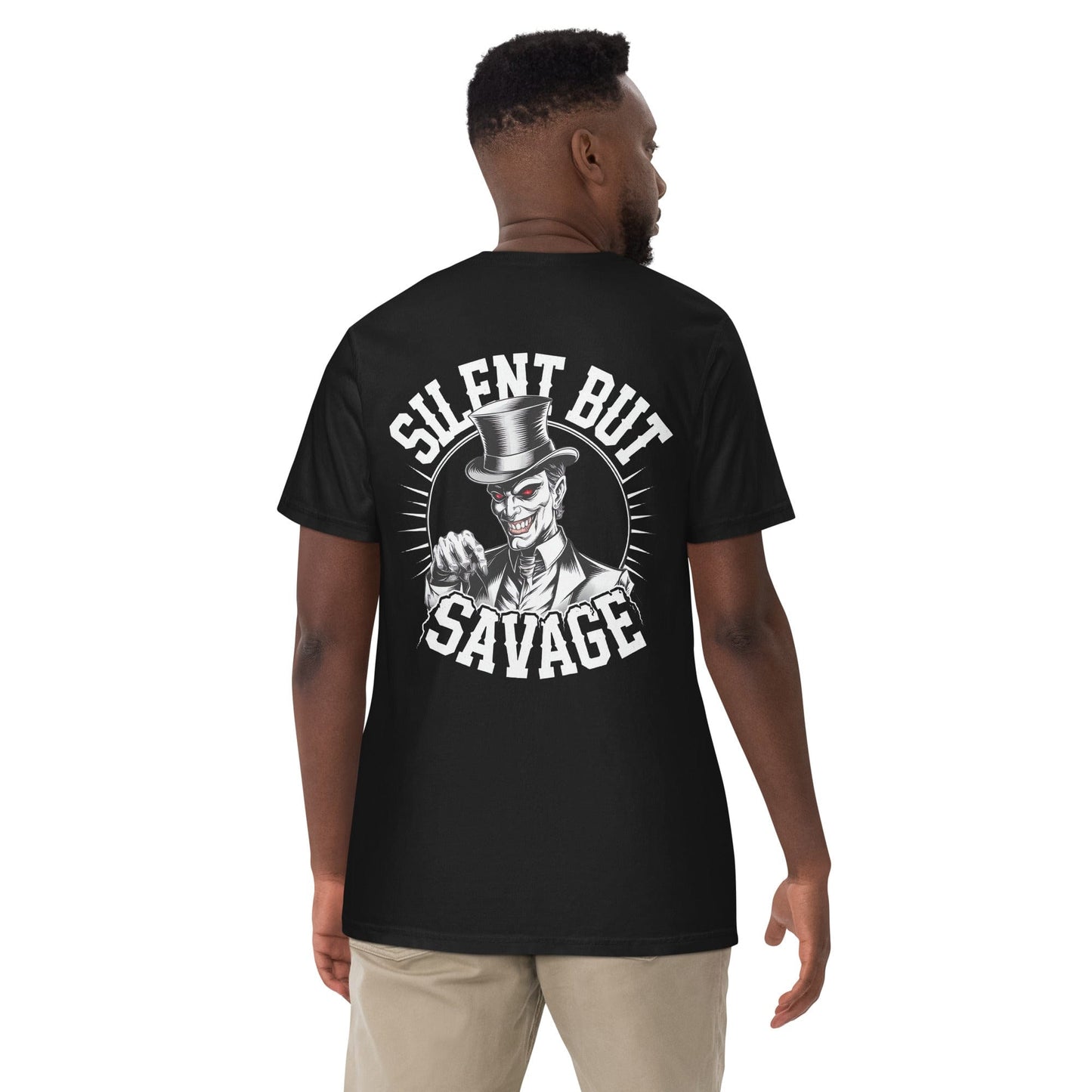 Silent But Savage t-shirt with bold back graphic, unisex fit, streetwear style by No Crowd Clothing...back male