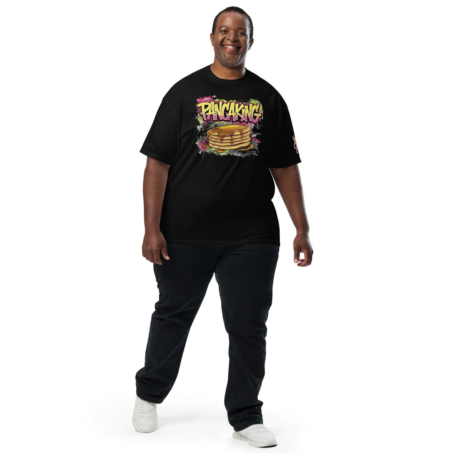 Graffiti-style "Pancaking" t-shirt design featuring bold text and a dripping pancake stack, symbolizing panicking moments in a playful, anxiety-aware streetwear style....model 2