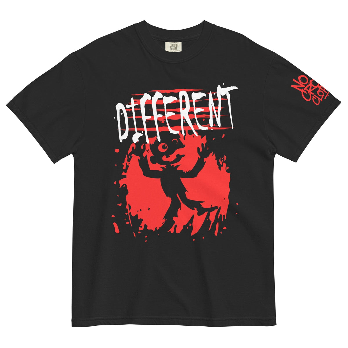Black graphic t-shirt featuring the word “Different” in a bold, distressed design, representing individuality, self-acceptance, and nonconformity.