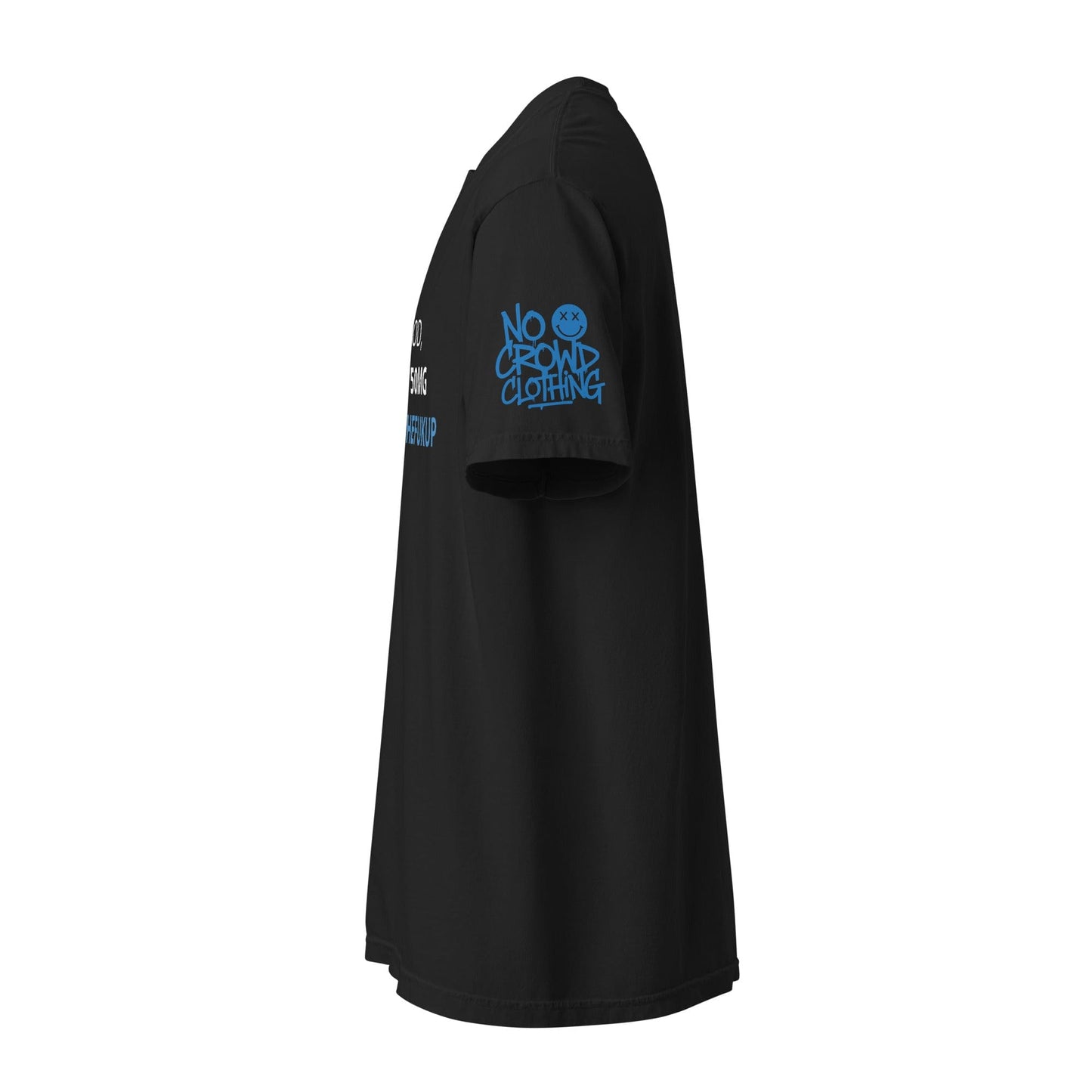 Text-based graphic design reading “I’M GOOD, I’M ON 750MG OF BACKTHEFUKUP” with bold white and blue lettering on a black background....shirt sleeve