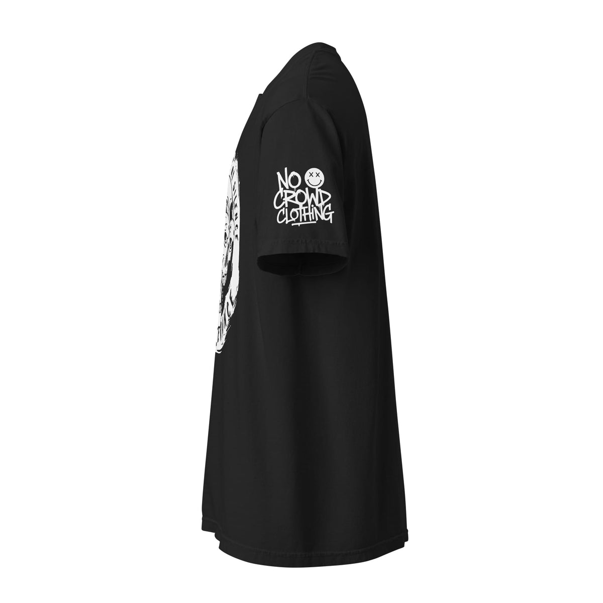 side view of black introvert statement t shirt with skull graphic and distressed print