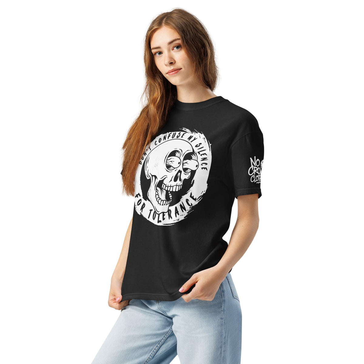 person wearing edgy introvert skull graphic tee with bold silence statement streetwear style...black