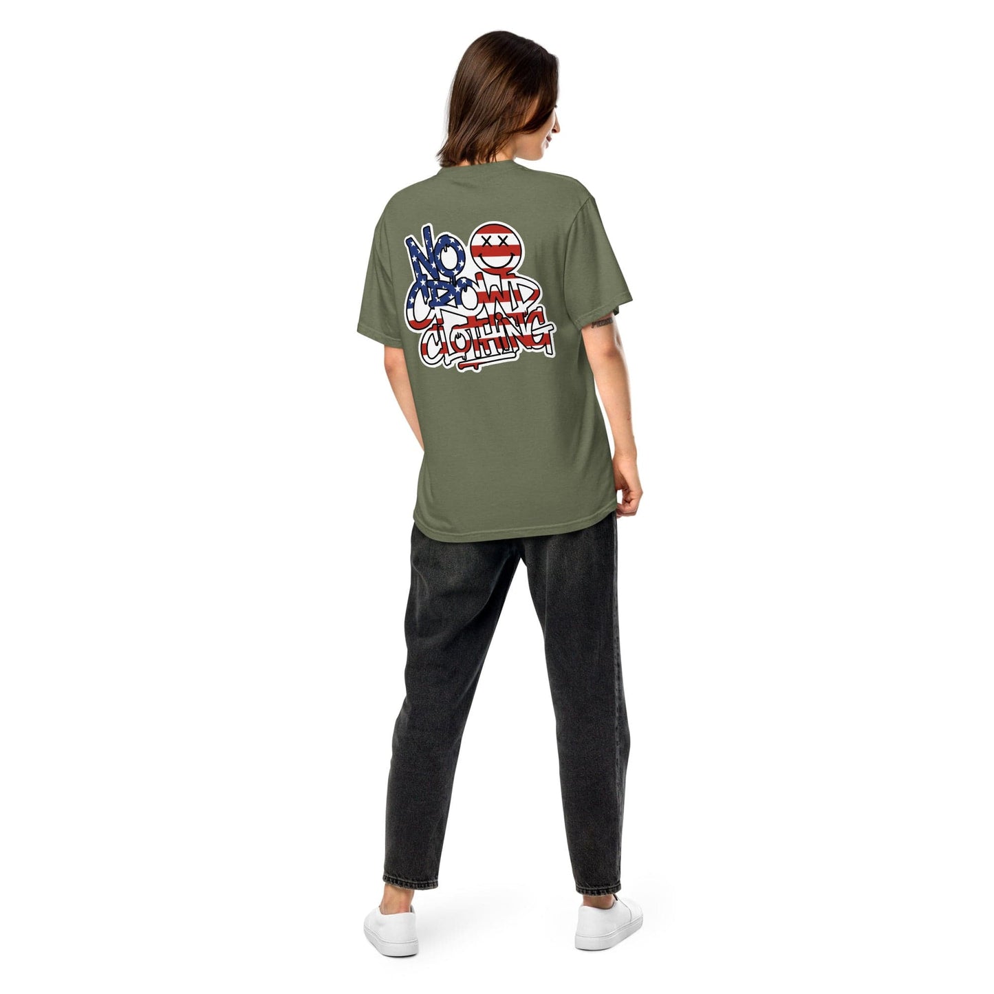 No Crowd Clothing Stars & Stripes Graffiti logo on the back of an olive green unisex t-shirt with crossed-eyes smile icon...green model back