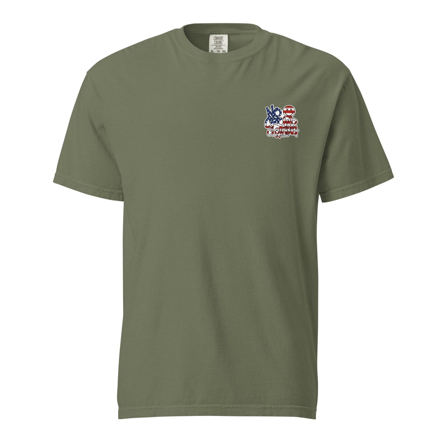 No Crowd Clothing Stars & Stripes Graffiti logo on the back of an olive green unisex t-shirt with crossed-eyes smile icon....green front