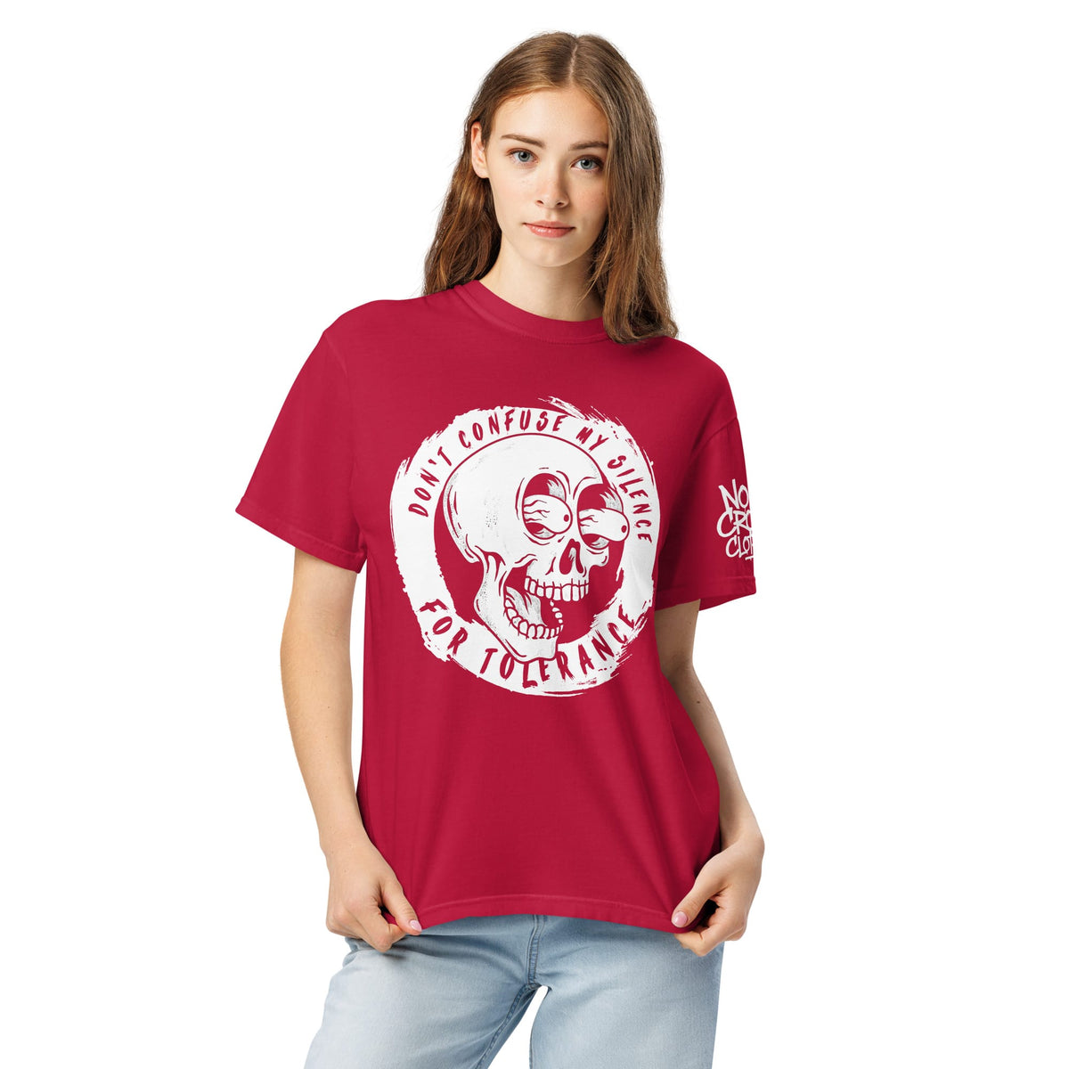 person wearing edgy introvert skull graphic tee with bold silence statement streetwear style....red
