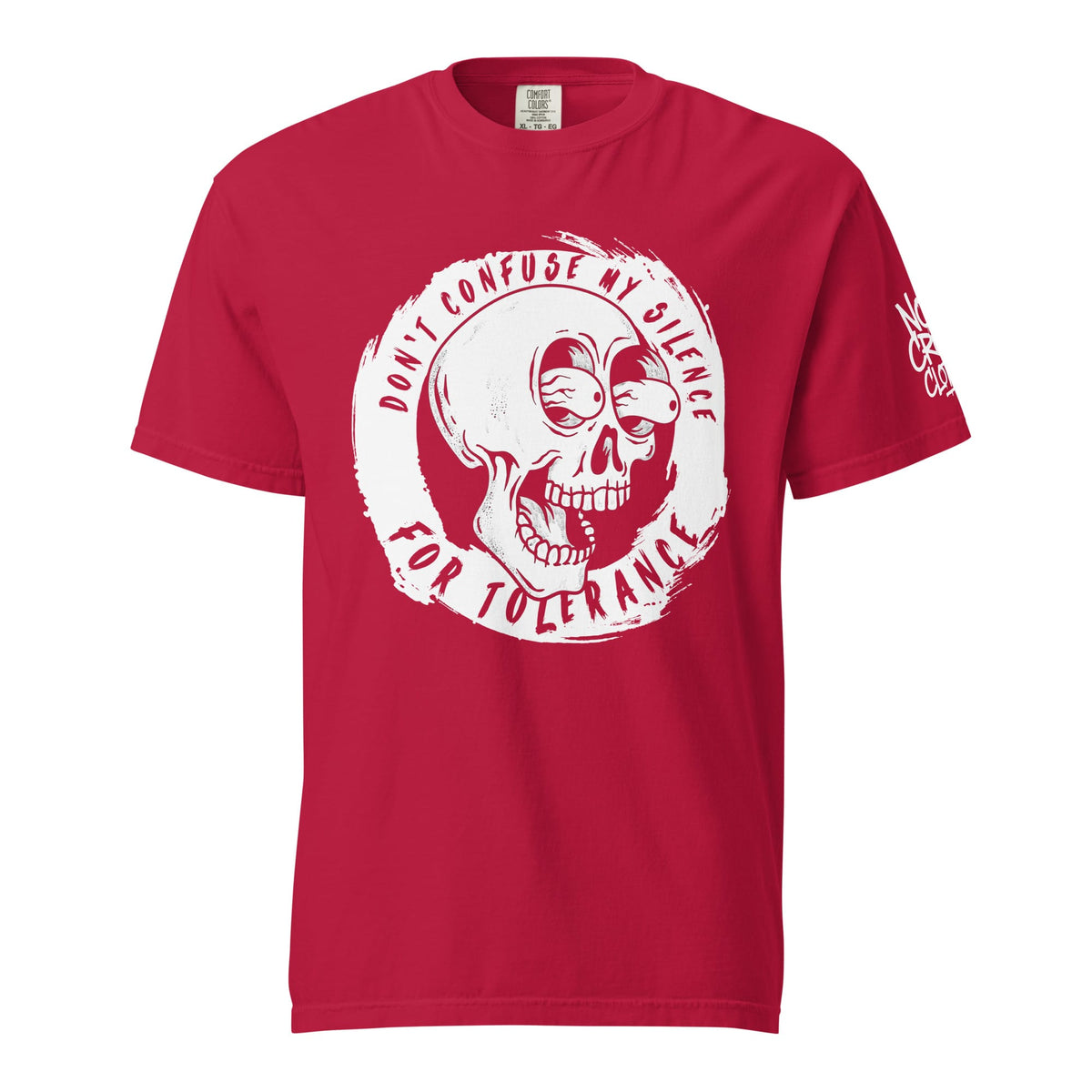 introvert skull graphic t shirt with bold statement don’t confuse my silence for tolerance front view...red