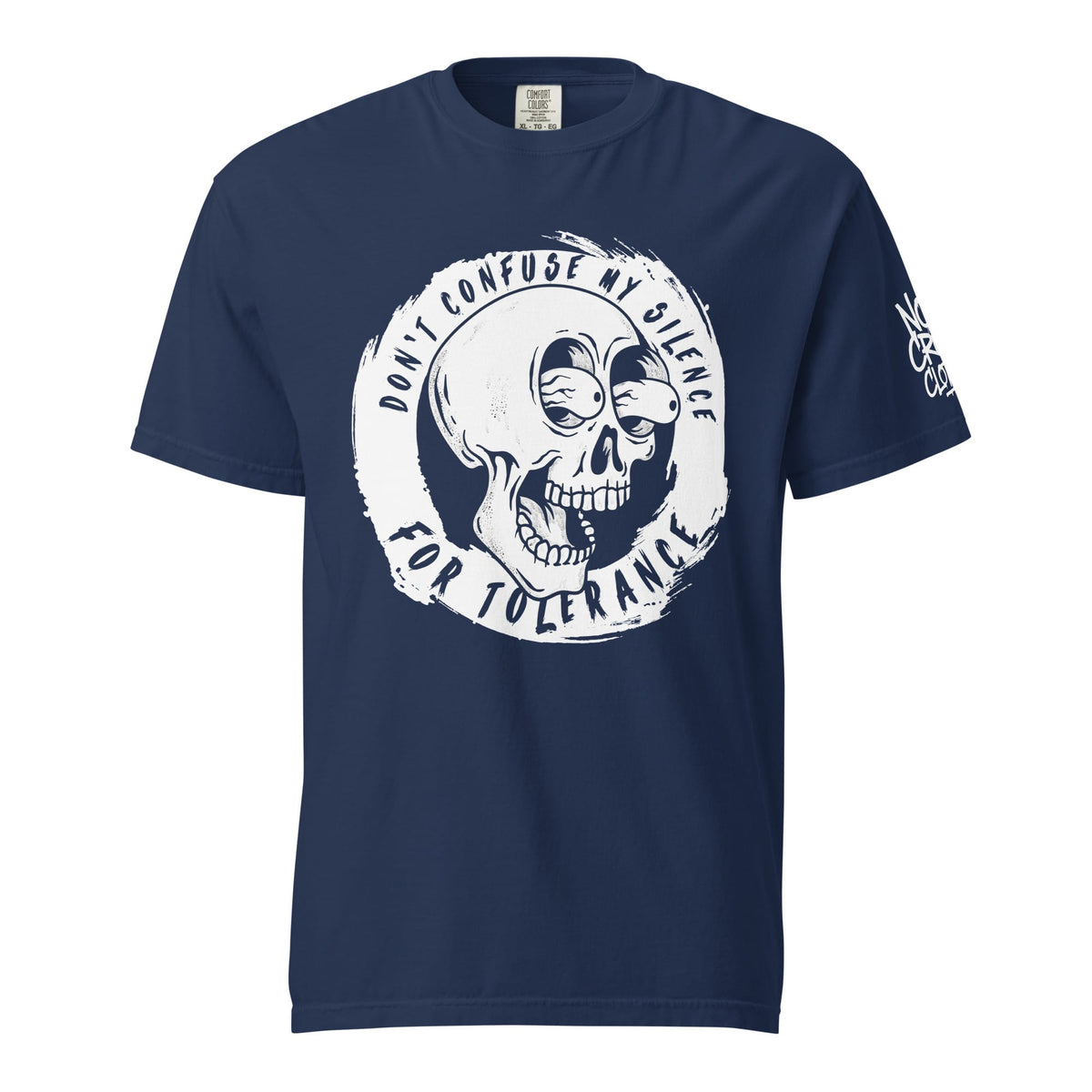 introvert skull graphic t shirt with bold statement don’t confuse my silence for tolerance front view....blue