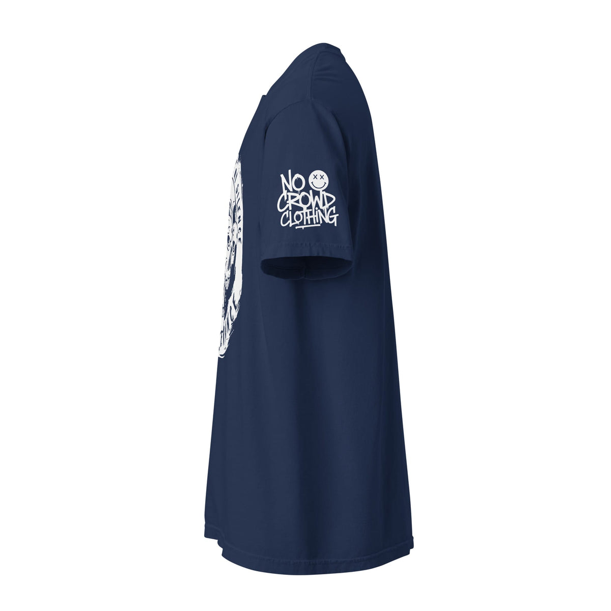 side view of blue introvert statement t shirt with skull graphic and distressed print