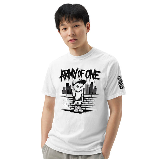 Bold 'Army of One' t-shirt design featuring a defiant young boy standing against a cityscape, flipping off challenges with attitude. Perfect for embracing humor and independence to overcome social anxiety and stress...model front