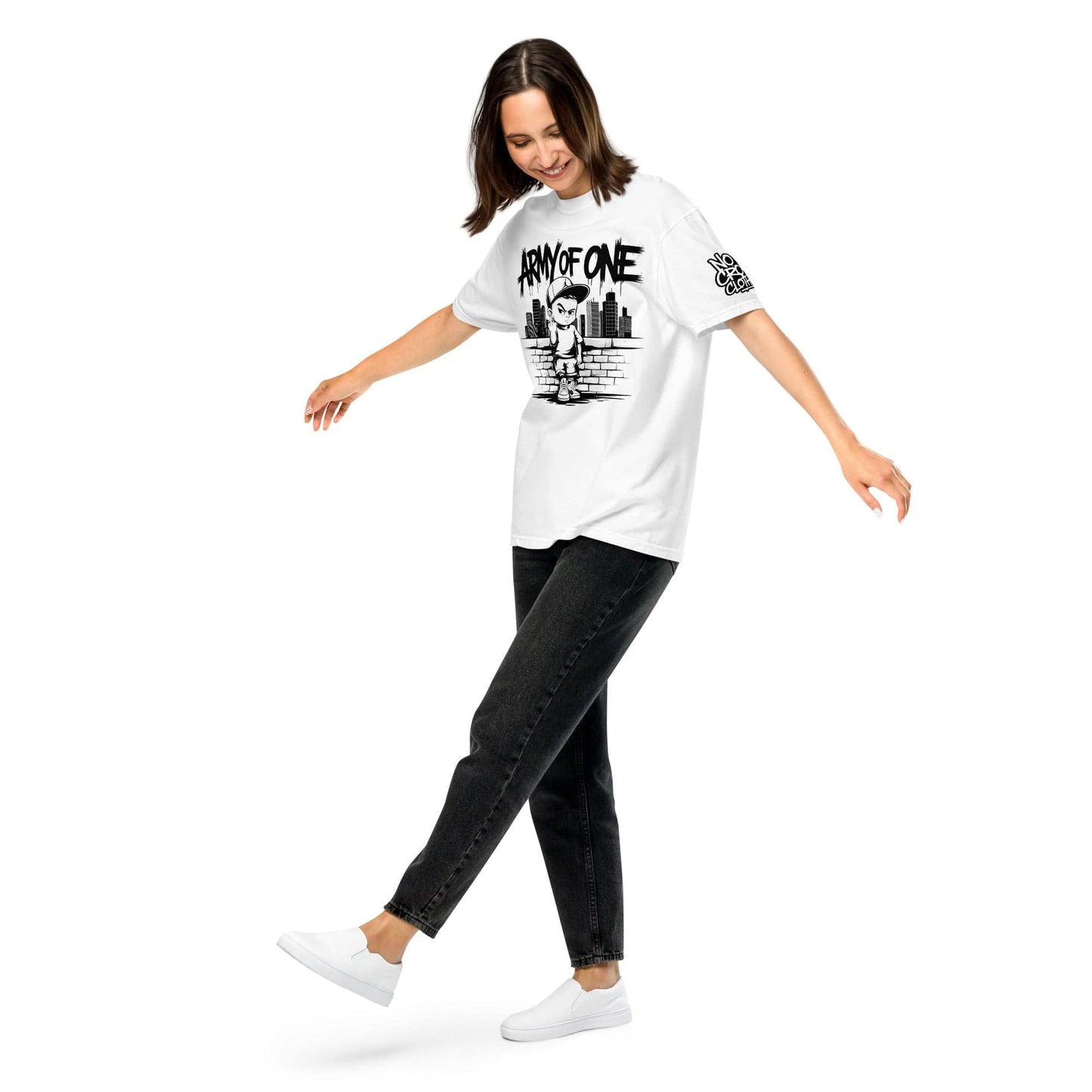 Bold 'Army of One' t-shirt design featuring a defiant young boy standing against a cityscape, flipping off challenges with attitude. Perfect for embracing humor and independence to overcome social anxiety and stress....model front
