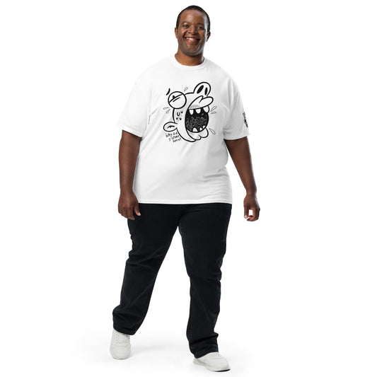White graphic t-shirt featuring a cartoon face screaming with the text “Why did I come here” in bold black sketch-style design by No Crowd Clothing....model front