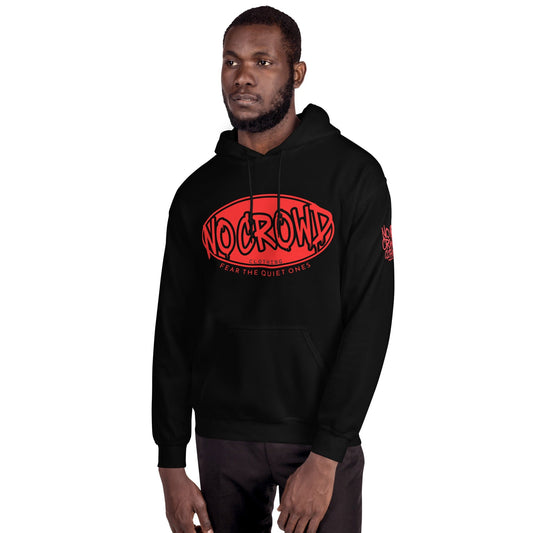 Black No Crowd Clothing hoodie with bold red graffiti-style logo and slogan ‘Fear the Quiet Ones’ printed on the chest...male model