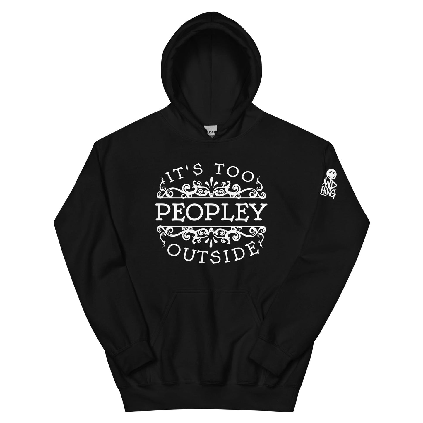 The 'It's Too Peopley' hoodie from No Crowd Clothing features bold typography and a minimalist design, perfect for expressing social anxiety with humor. Stay cozy and communicate your need for low-key, crowd-free comfort...black hoodie