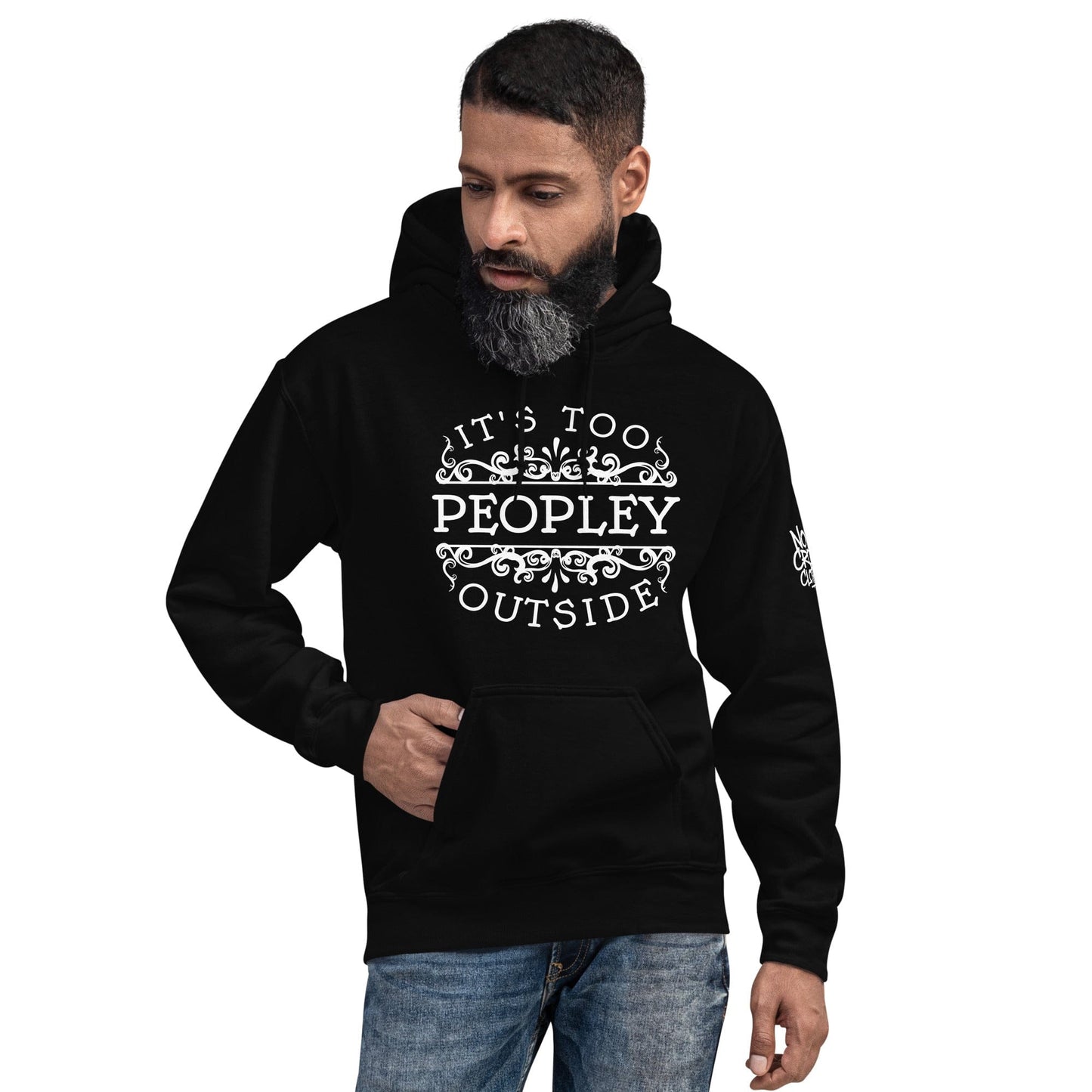 The 'It's Too Peopley' hoodie from No Crowd Clothing features bold typography and a minimalist design, perfect for expressing social anxiety with humor. Stay cozy and communicate your need for low-key, crowd-free comfort...black hoodie mens.