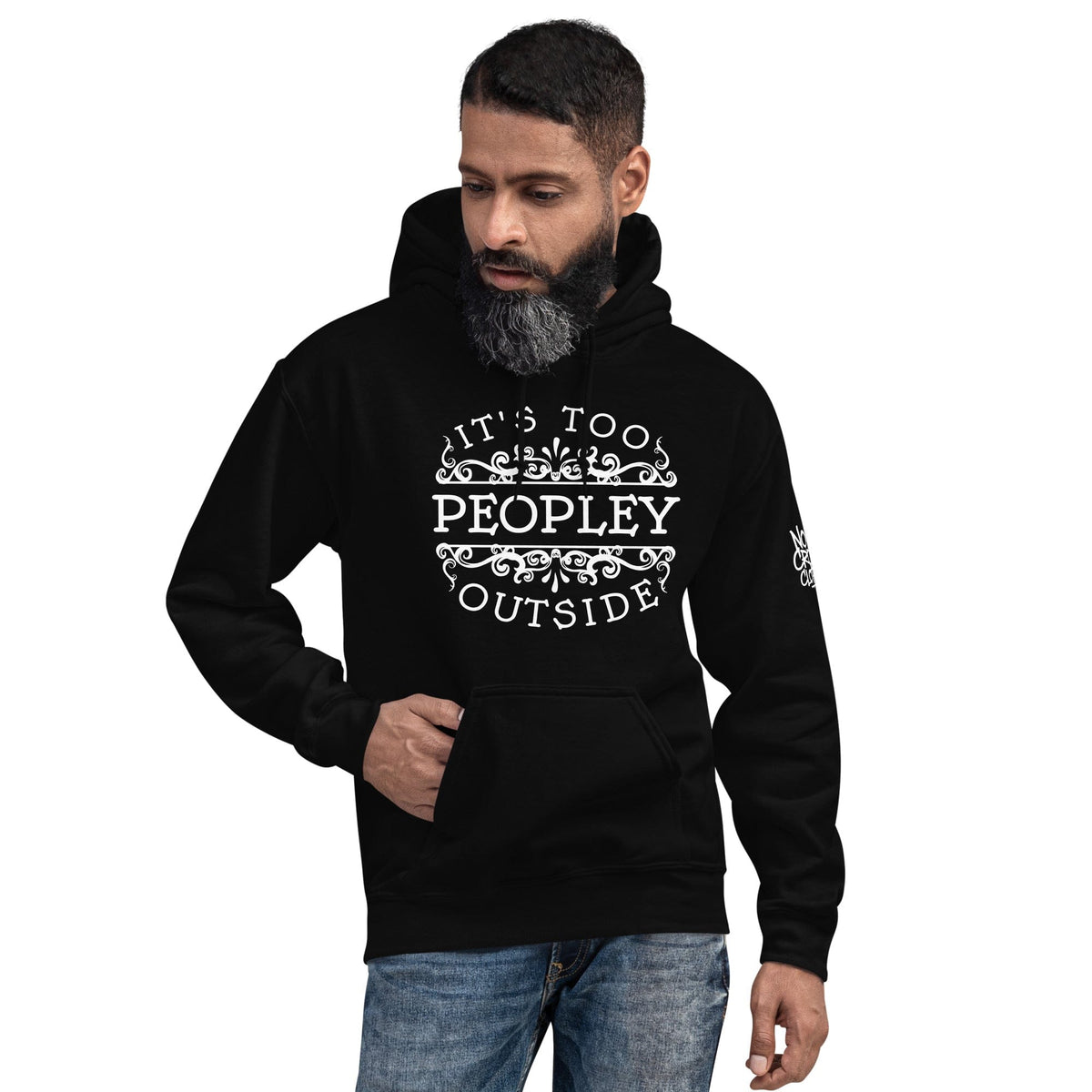 The 'It's Too Peopley' hoodie from No Crowd Clothing features bold typography and a minimalist design, perfect for expressing social anxiety with humor. Stay cozy and communicate your need for low-key, crowd-free comfort...black hoodie mens.