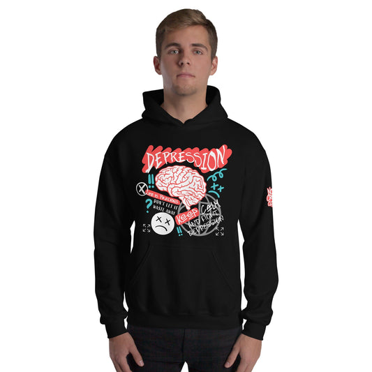 Graffiti-style digital design featuring a brain, bold text saying "DEPRESSION," and motivational phrases like "Keep Calm & Fight Depression" and "Life is Precious...mens