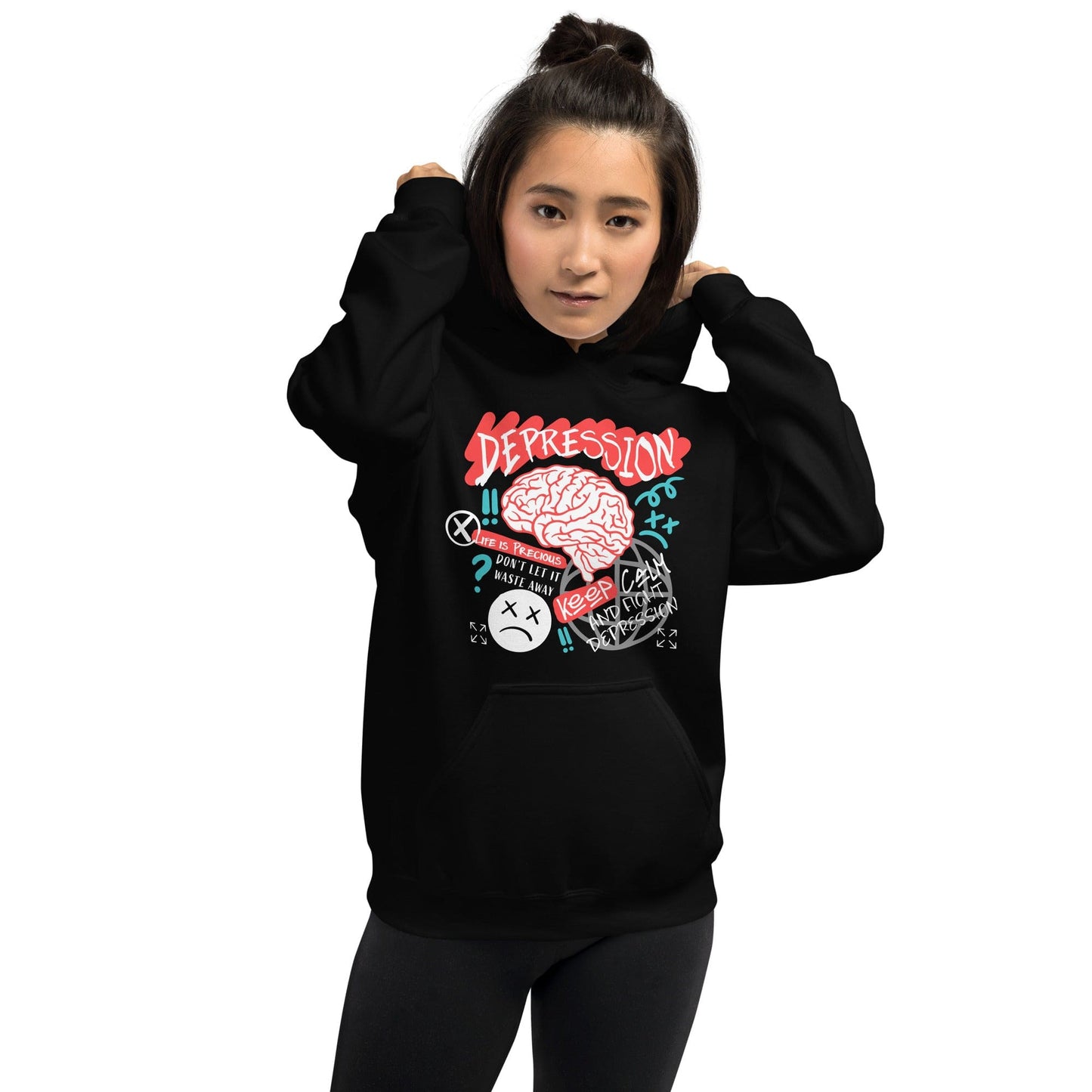 Graffiti-style digital design featuring a brain, bold text saying "DEPRESSION," and motivational phrases like "Keep Calm & Fight Depression" and "Life is Precious....female