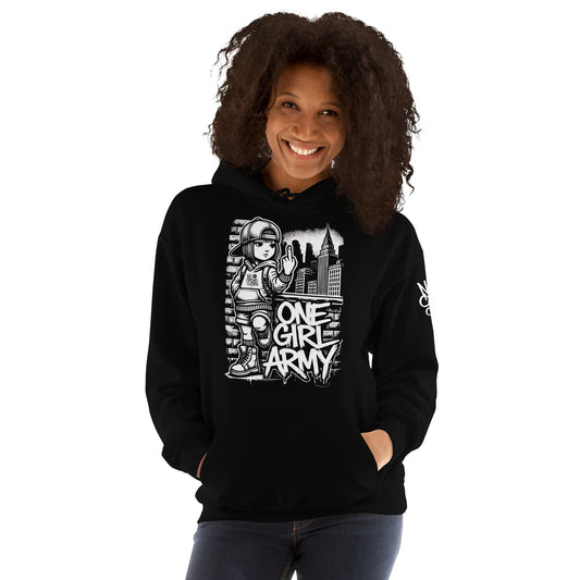 One Girl Army hoodie, a bold remix of our popular Army of One design...girl front