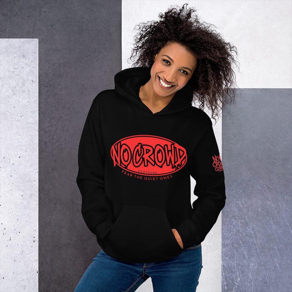 Black No Crowd Clothing hoodie with bold red graffiti-style logo and slogan ‘Fear the Quiet Ones’ printed on the chest...female model