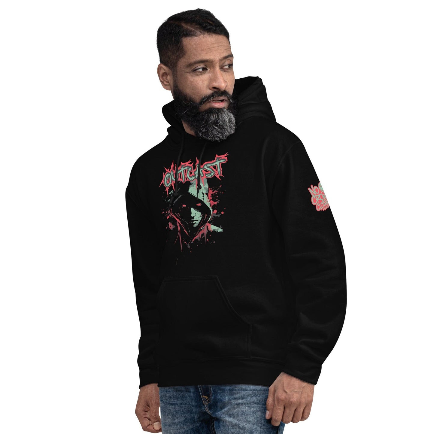No Crowd Clothing "Outcast" hoodie for social anxiety; a bold design symbolizing strength and resilience for those feeling isolated or alone....model sleeve logo