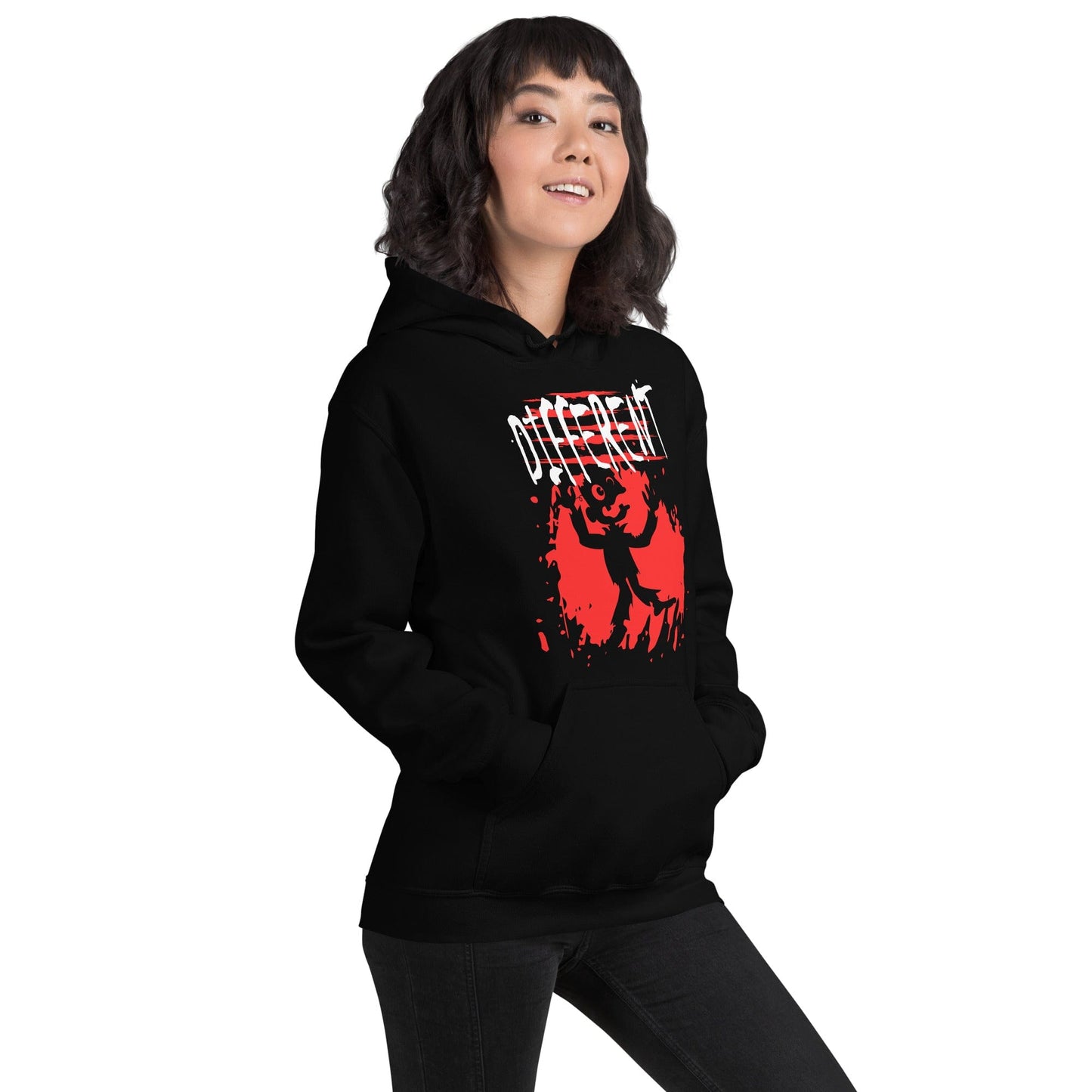 Black hoodie t-shirt featuring the word “Different” in a bold, distressed design, representing individuality, self-acceptance, and nonconformity....female