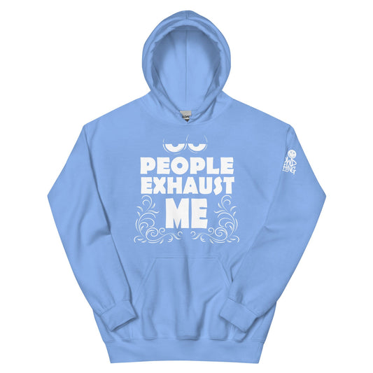 People Exhaust Me hoodie design with tired eyes and decorative swirls – funny introvert streetwear graphic for social anxiety apparel...blue front
