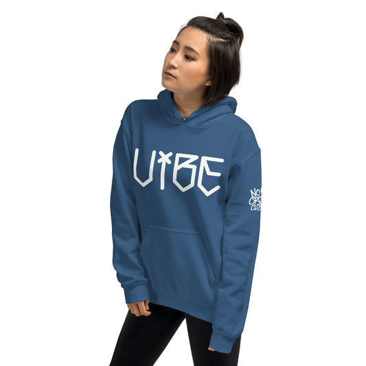 Vibe Hoodie by No Crowd Clothing featuring bold, edgy lettering design, perfect for expressing individuality and personal style...blue girl