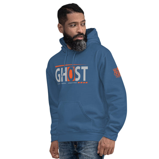 Ghost Hoodie with "Silent. Unseen. Unbothered." slogan – Minimalist streetwear for introverts, featuring a relaxed fit and sleek, low-key design....blue model