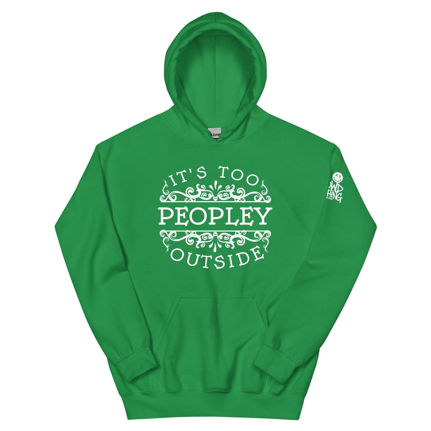 The 'It's Too Peopley' hoodie from No Crowd Clothing features bold typography and a minimalist design, perfect for expressing social anxiety with humor. Stay cozy and communicate your need for low-key, crowd-free comfort...green hoodie