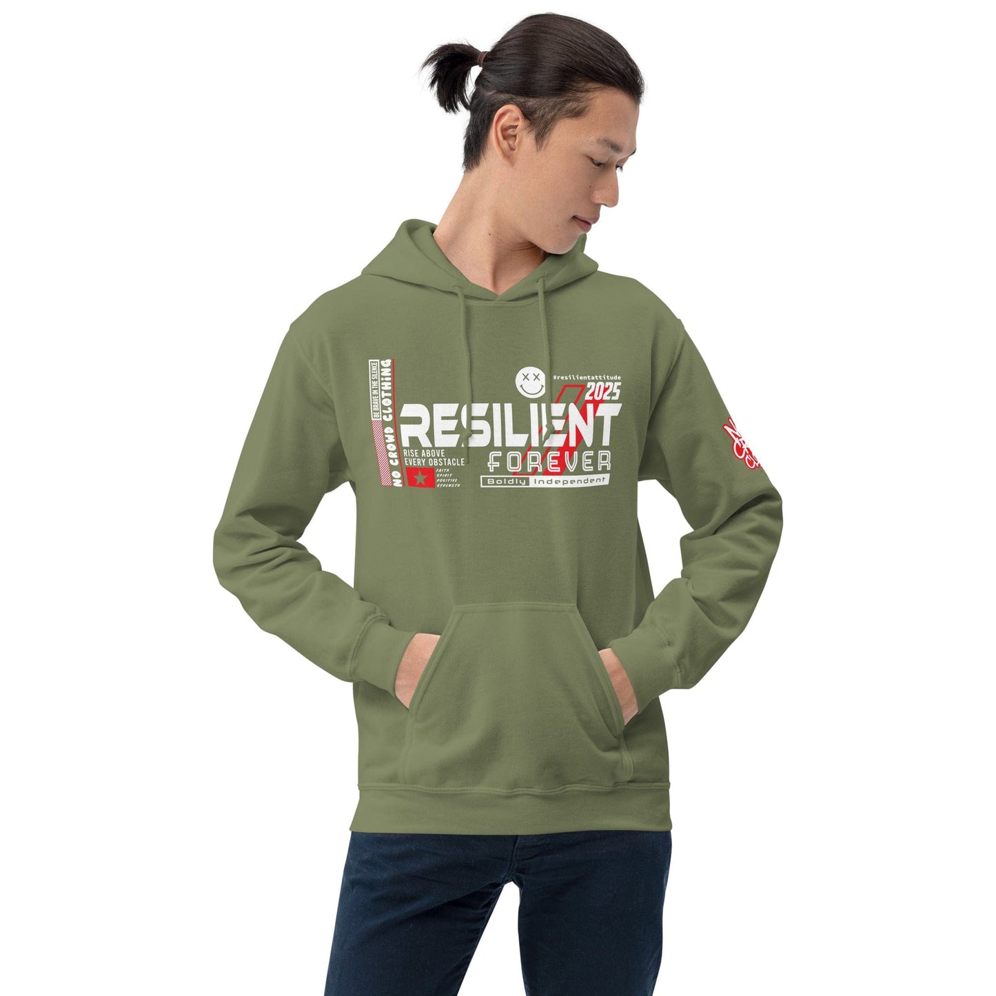 Bold 'Resilient Attitude 2025' graphic t-shirt with strong typography, red accents, and motivational phrases promoting strength and positivity....green model