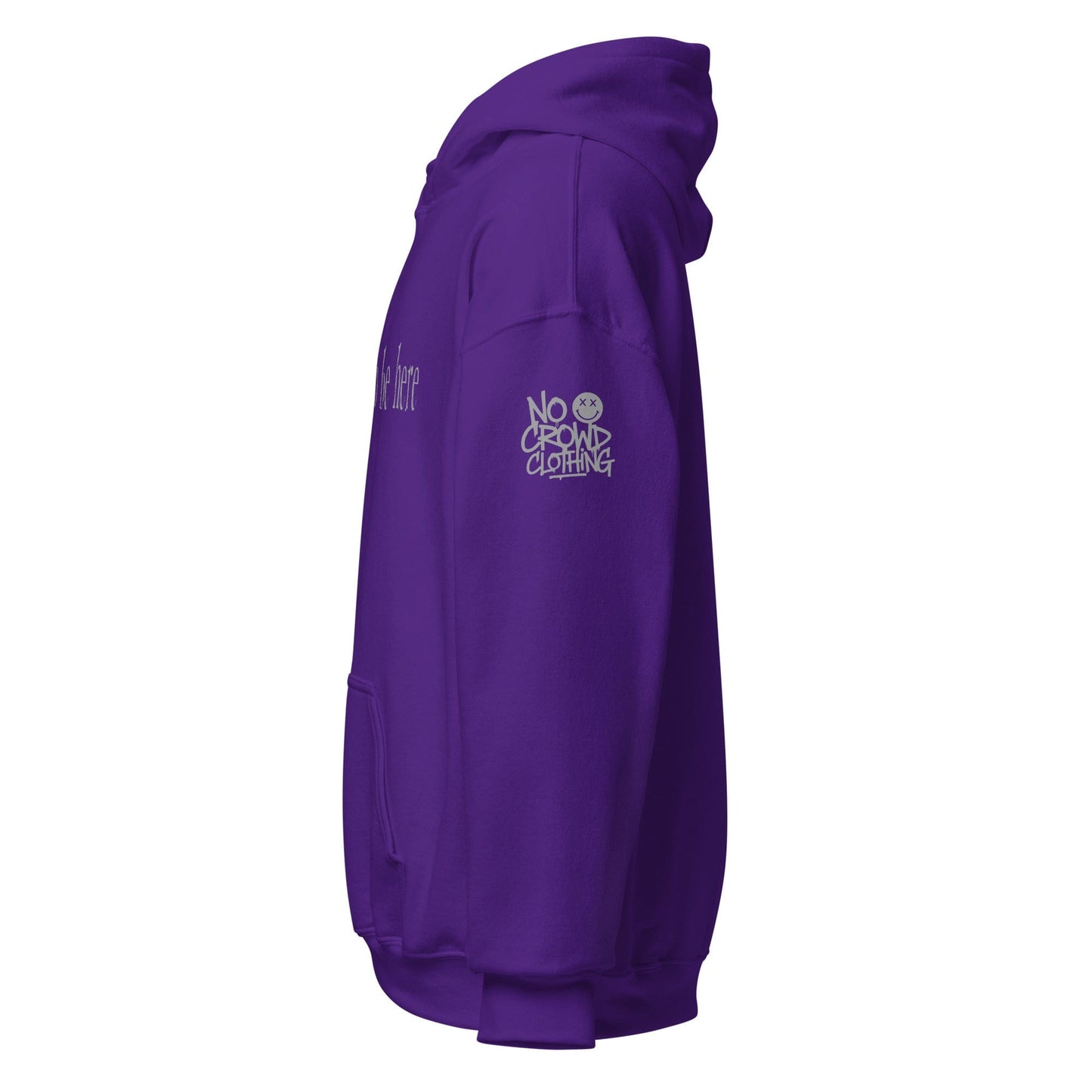 Hoodie with “I didn’t ask to be here” text minimalist introvert clothing design...purple sleeve