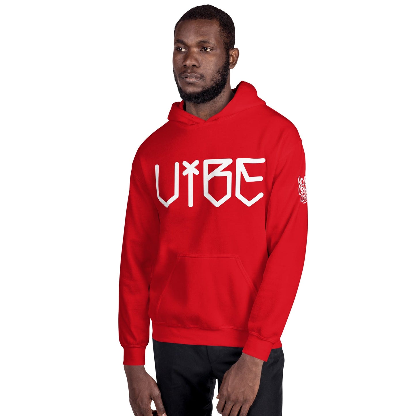 Vibe Hoodie by No Crowd Clothing featuring bold, edgy lettering design, perfect for expressing individuality and personal style....red mens