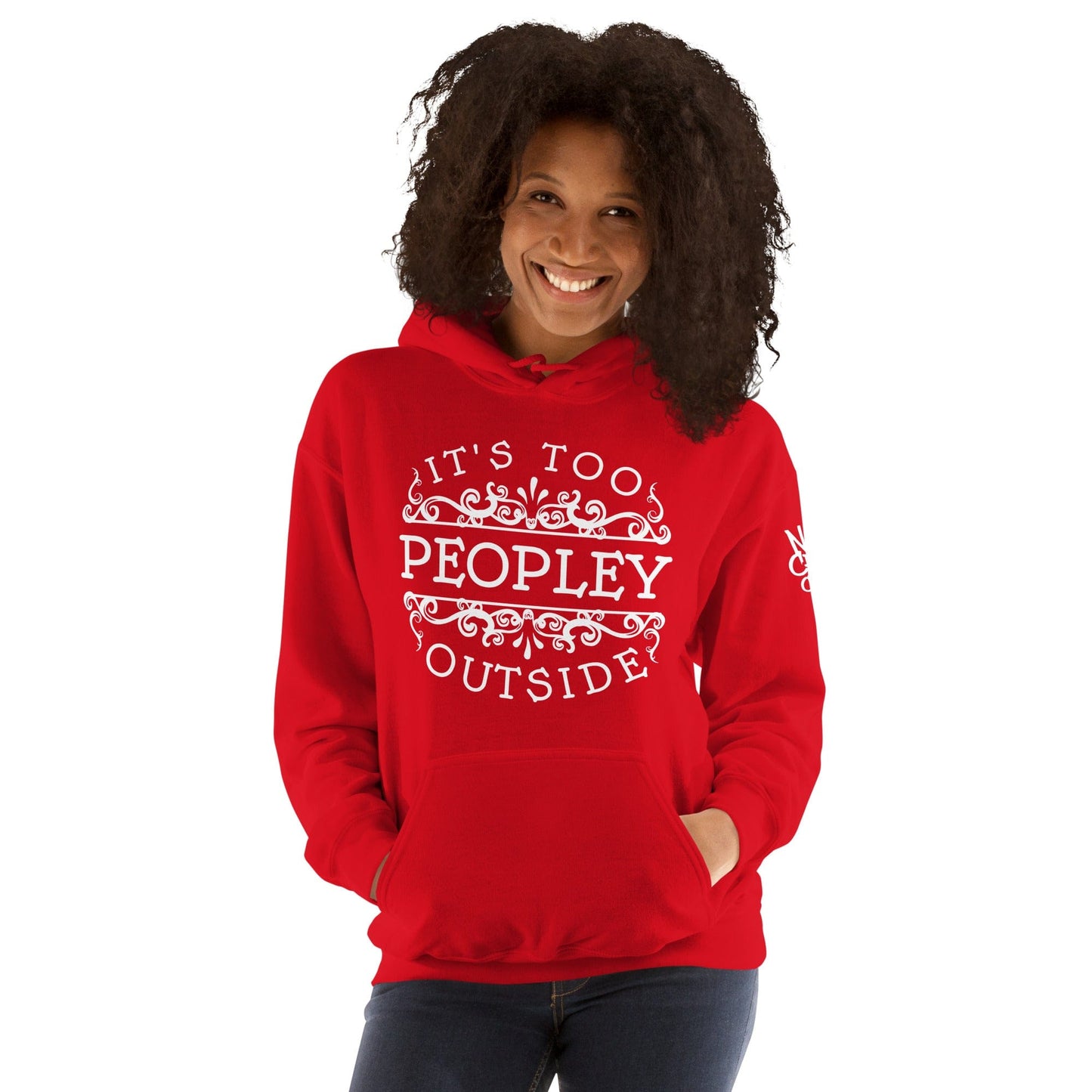 The 'It's Too Peopley' hoodie from No Crowd Clothing features bold typography and a minimalist design, perfect for expressing social anxiety with humor. Stay cozy and communicate your need for low-key, crowd-free comfort...red hoodie women.