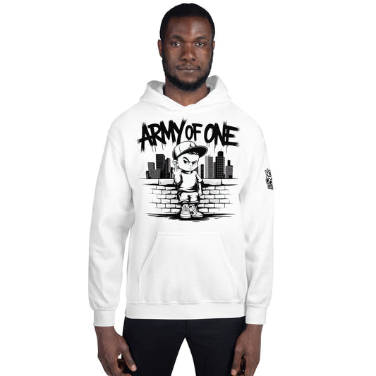 Bold 'Army of One' hoodie design featuring a defiant young boy standing against a cityscape, flipping off challenges with attitude. Perfect for embracing humor and independence to overcome social anxiety and stress...model front