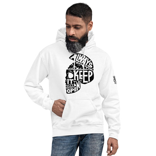 A cozy hoodie with "Always Keep It Open" text, designed for No Crowd Clothing, encouraging open-mindedness and comfort for those with social anxiety...front