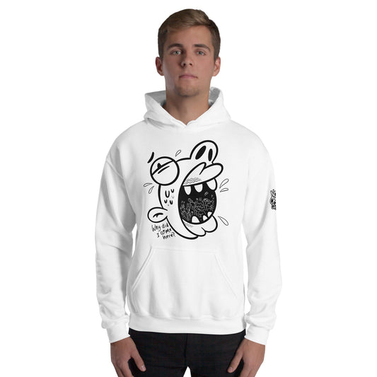 White graphic hoodie featuring a cartoon face screaming with the text “Why did I come here” in bold black sketch-style design by No Crowd Clothing....model front
